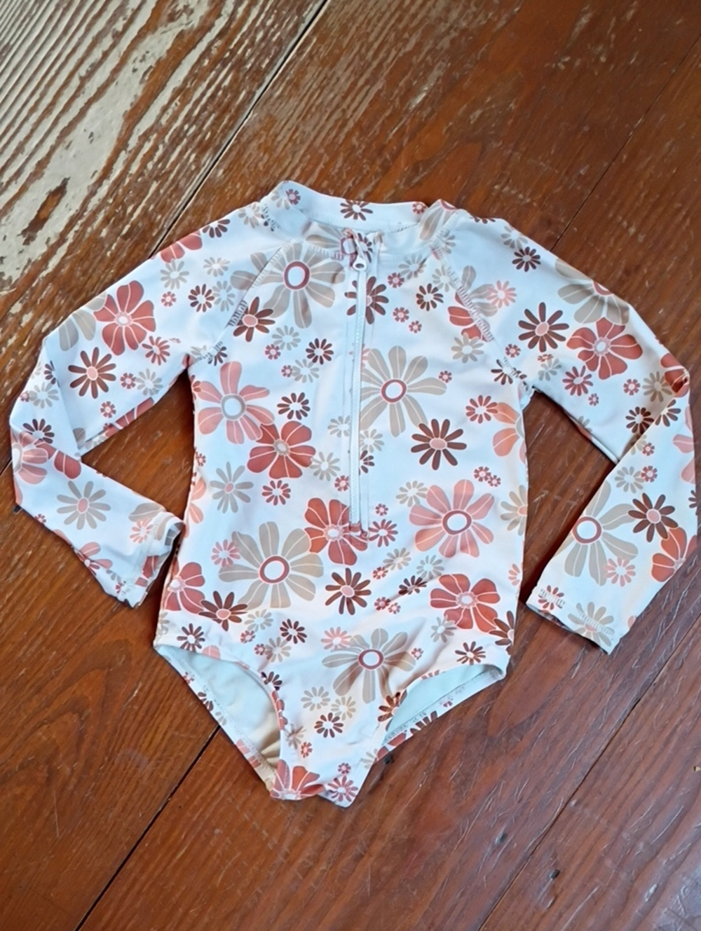Little Co. Girls Long Sleeve One-Piece Swimsuit - White w Coral & Tan Flowers 2t